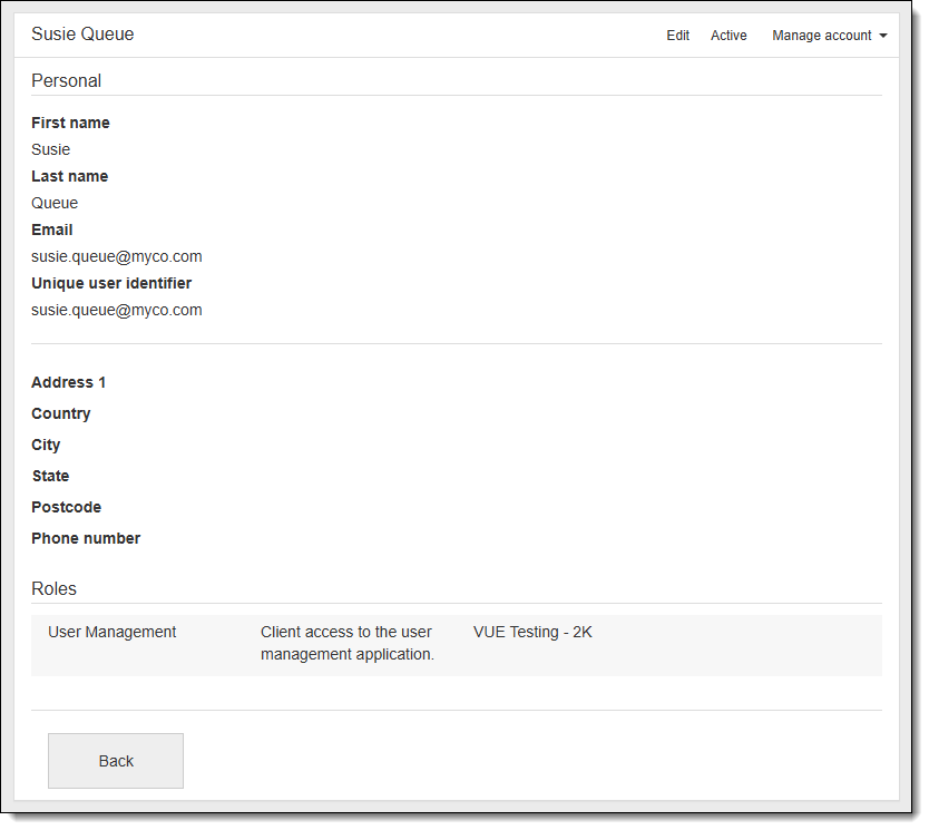 A screenshot of the User account page.